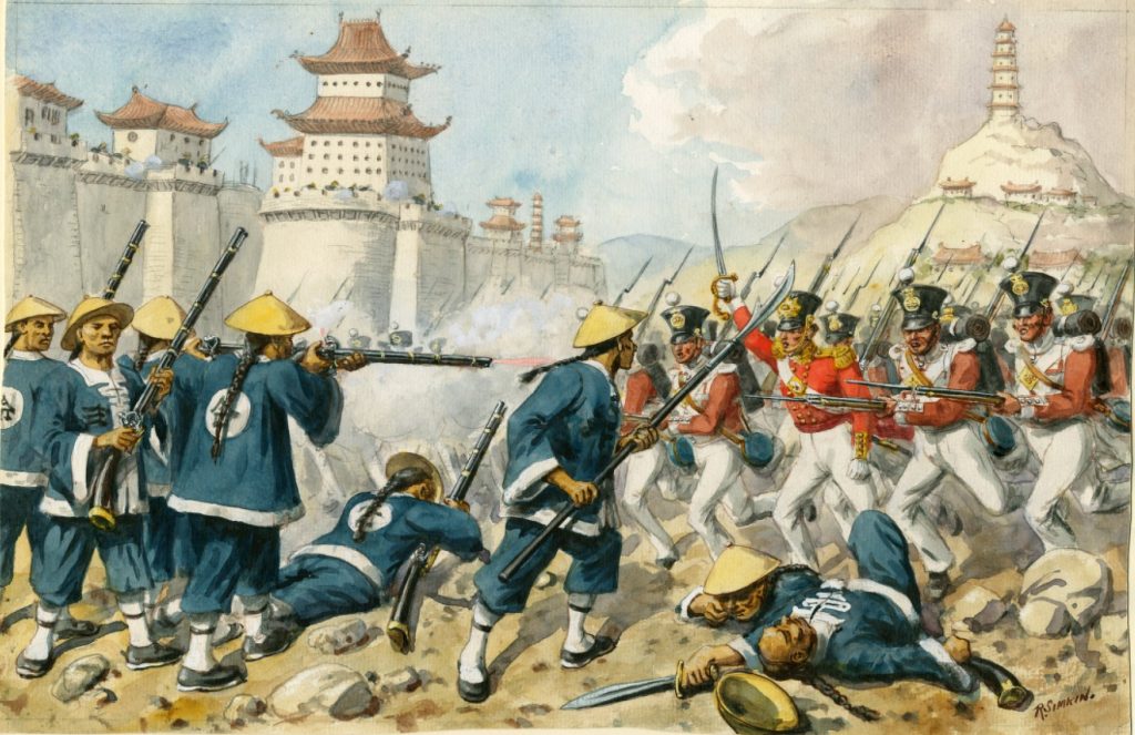 Richard Simkin: Útok 98. pešieho pluku na Čen-ťiang (1842). Wikimedia Commons/public domain.